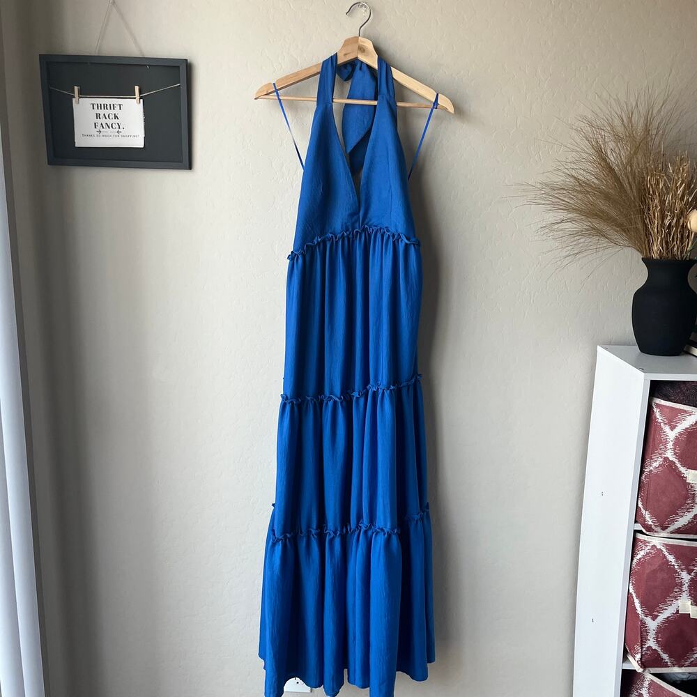Kasia Dress Blue Halter Tiered Sleeveless Boho Maxi Dress‎ Size M